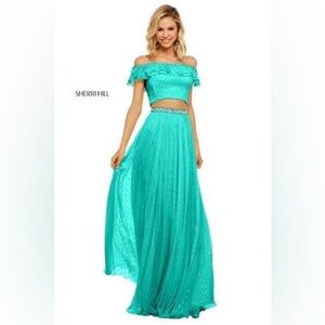 Sherri Hill 52800 Off-The-Shoulder 2 Piece Formal Dress-Aqua